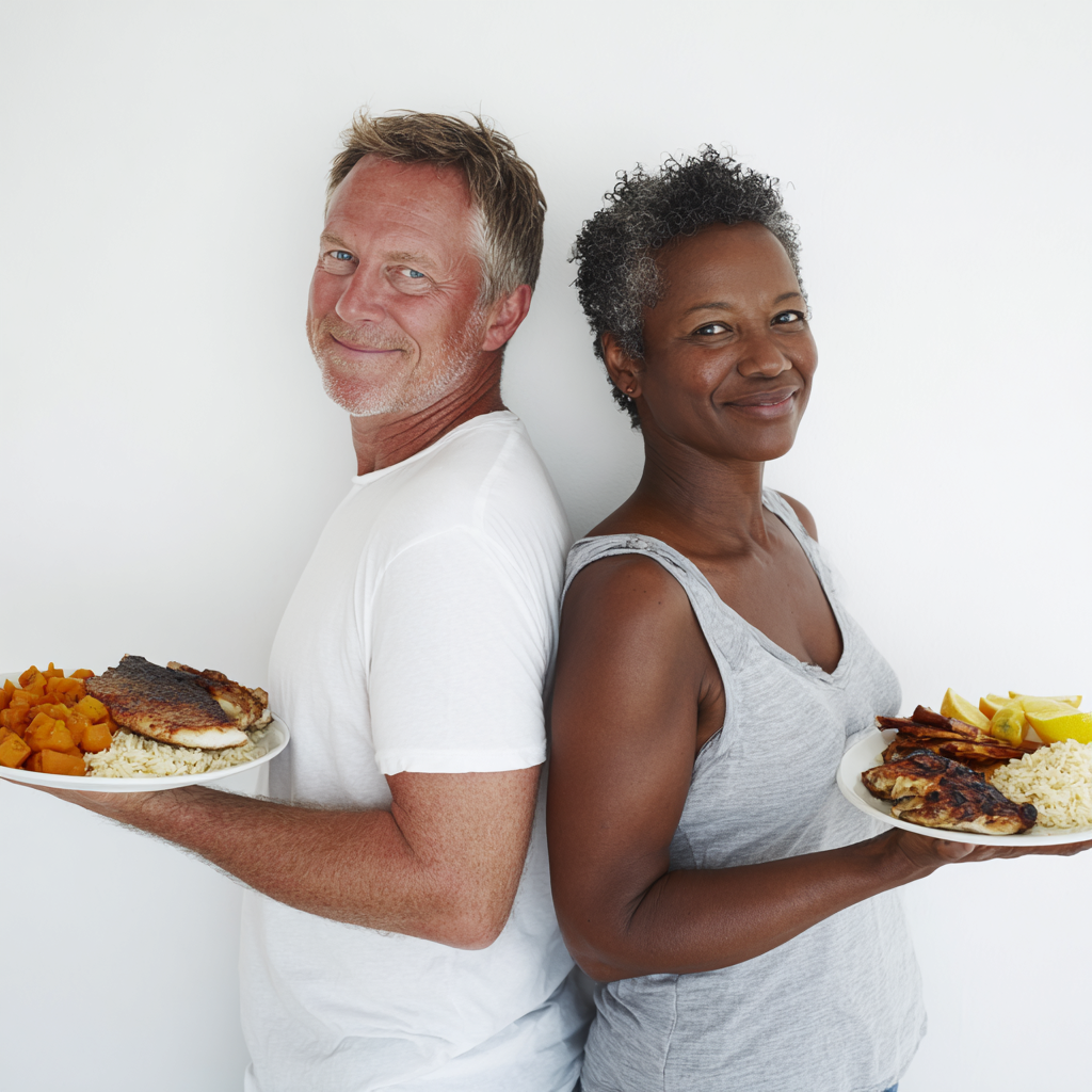 Two people holding plates of food against a white background