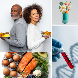 Collage of a couple eating, food items, a test tube with blood, and a colorful supplement container.