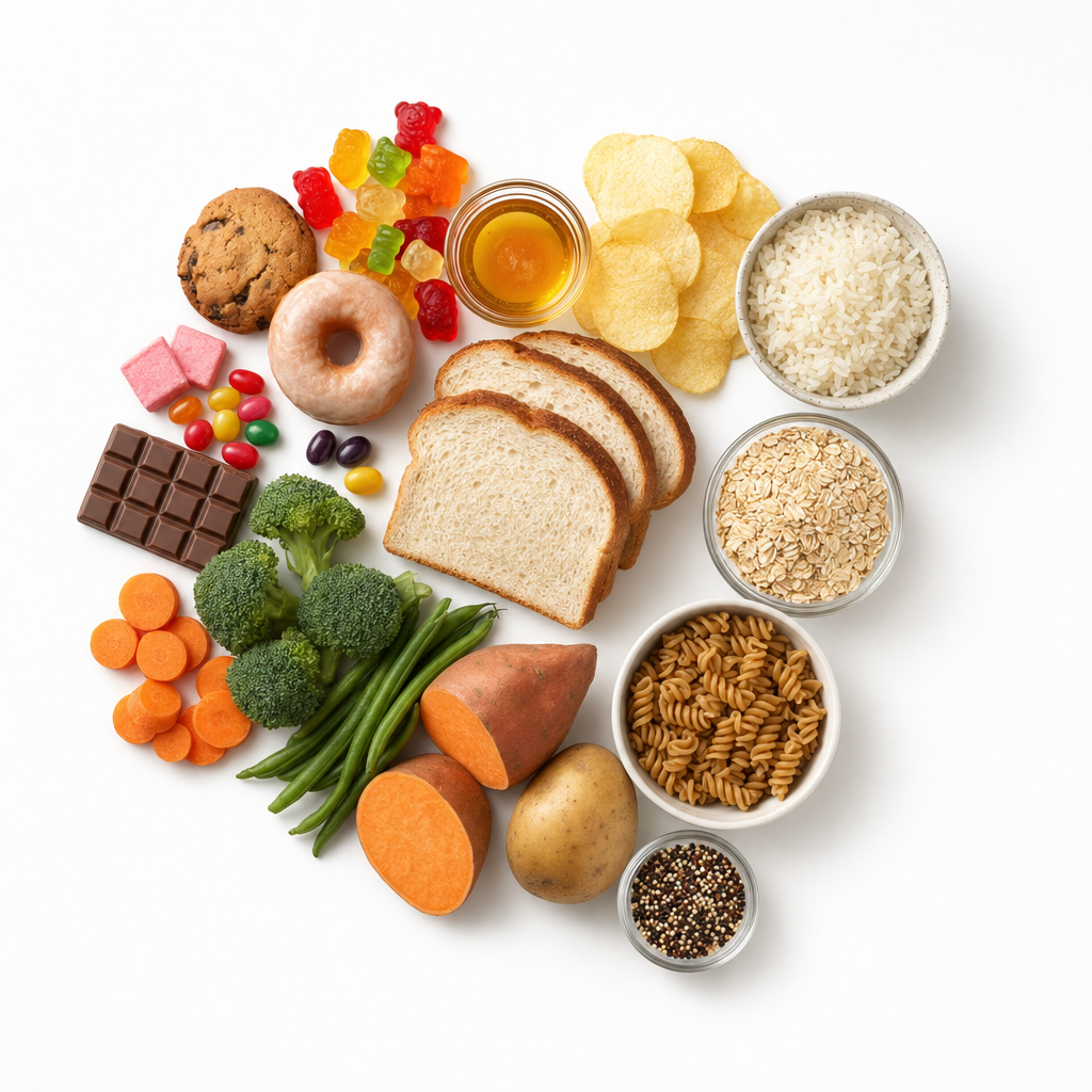 Image of multiple simple and complex carbs, including bread, veggies, grains, potato chips, chocolate, candy, and pastries on a white background
