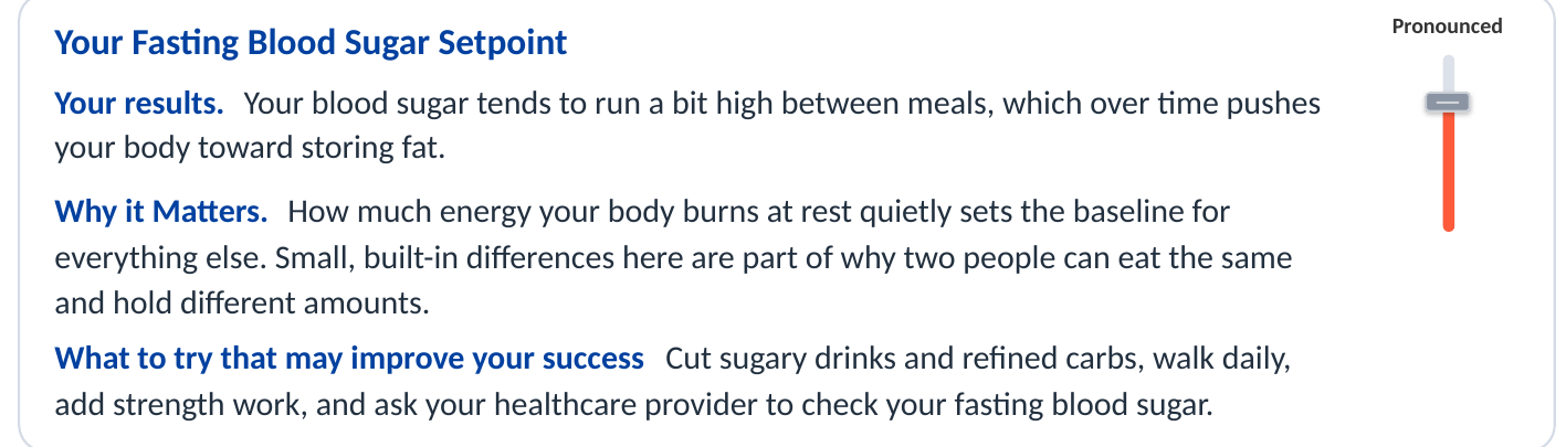 Eileen's Fasting Blood Sugar Setpoint card, rated Pronounced.