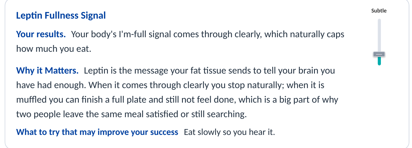 Mary's Leptin Fullness Signal card, rated Subtle.