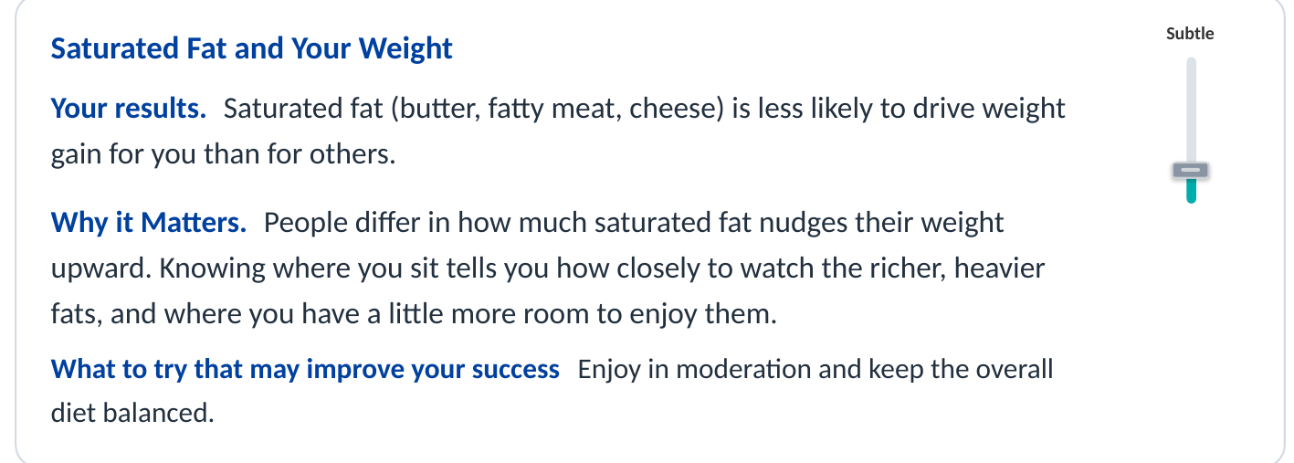 Mary's Saturated Fat and Your Weight card, rated Subtle.