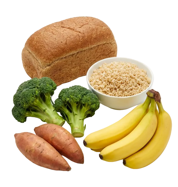 Assorted healthy foods including bread, broccoli, bananas, and sweet potatoes on a white background