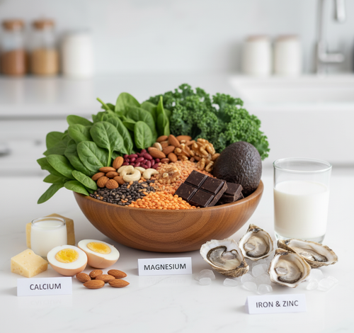 Assorted foods with labels indicating minerals like calcium, magnesium, iron, and zinc on a kitchen counter.