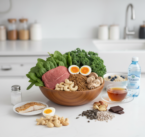 Assorted healthy foods including a bowl of greens, meat, eggs, nuts, and seeds on a kitchen counter, , representing whole food sources of trace elements.