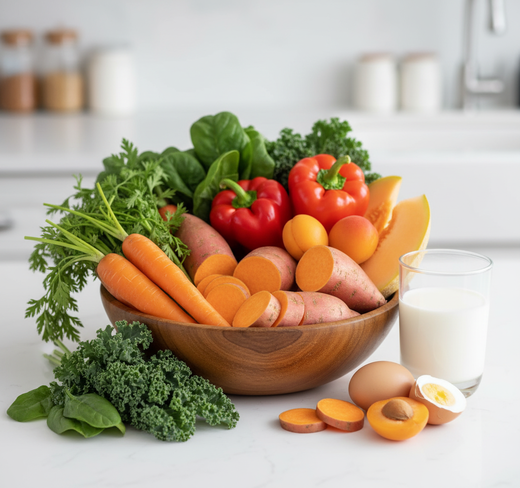 Assorted fruits, vegetables, and a glass of milk on a kitchen counter, representing whole food sources of vitamins.