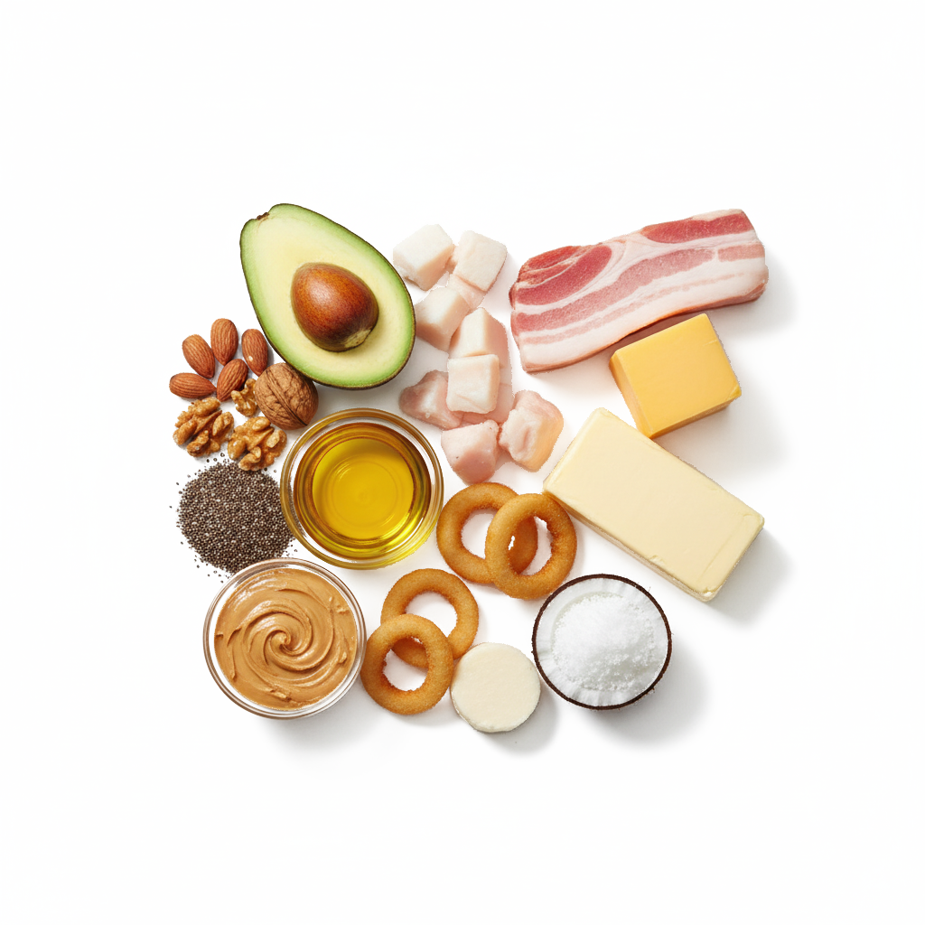Assorted high-fat foods including avocado, bacon, cheese, nuts, and peanut butter on a white background.
