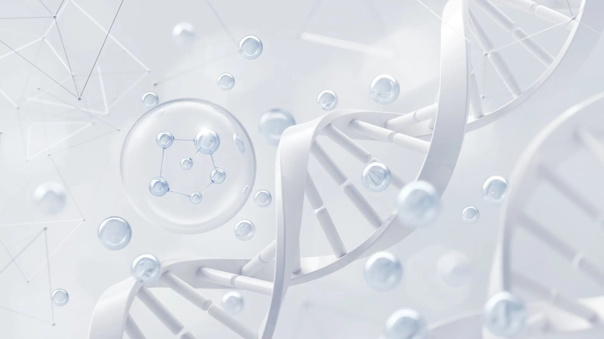 Dna double helix with molecular structures on a light gray background