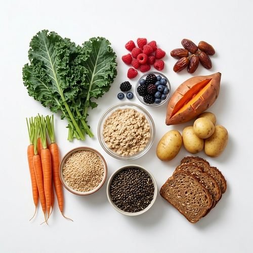 Assorted healthy foods including vegetables, fruits, grains, and nuts on a white background
