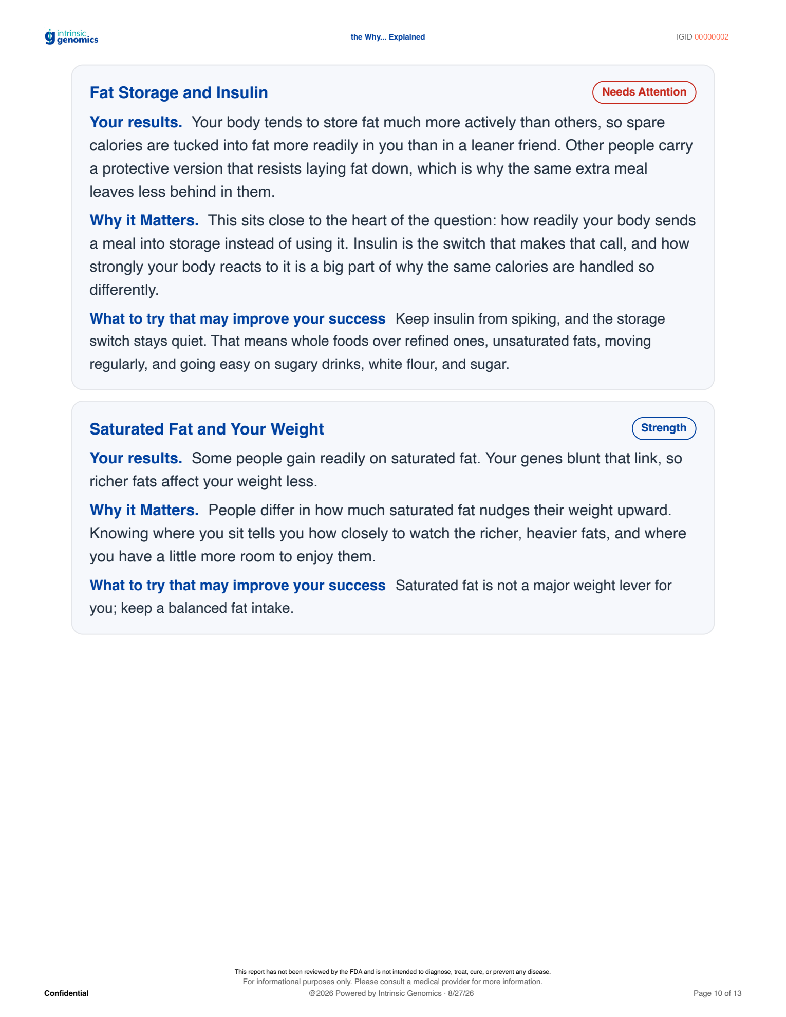 Fat storage and insulin report page, needs attention result