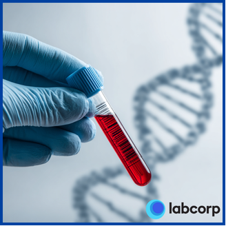 Hand holding a test tube with red liquid and a DNA double helix shadow on a light blue background, LabCorp logo visible.
