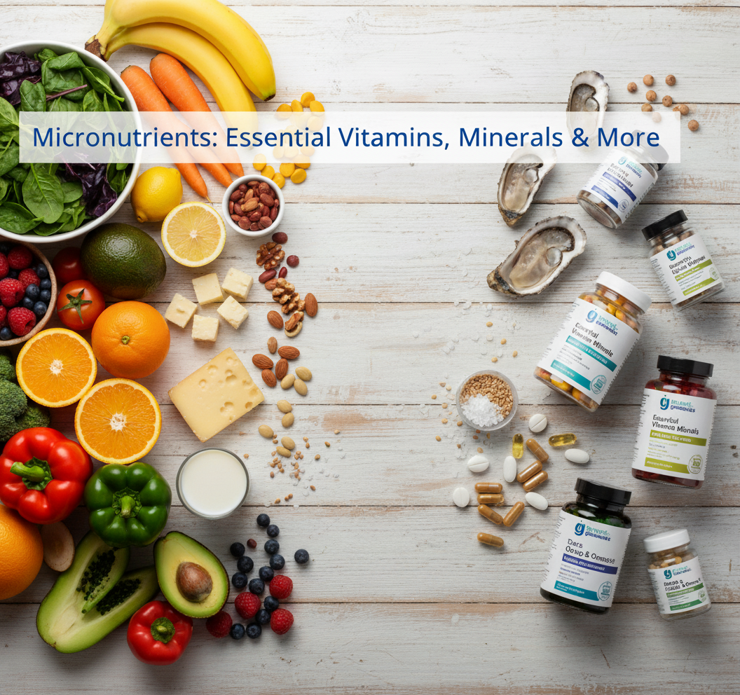 Assorted vitamins, minerals, and micronutrients on a wooden surface with fruits and vegetables.