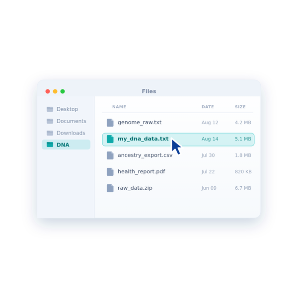 A computer file list with a DNA data file selected