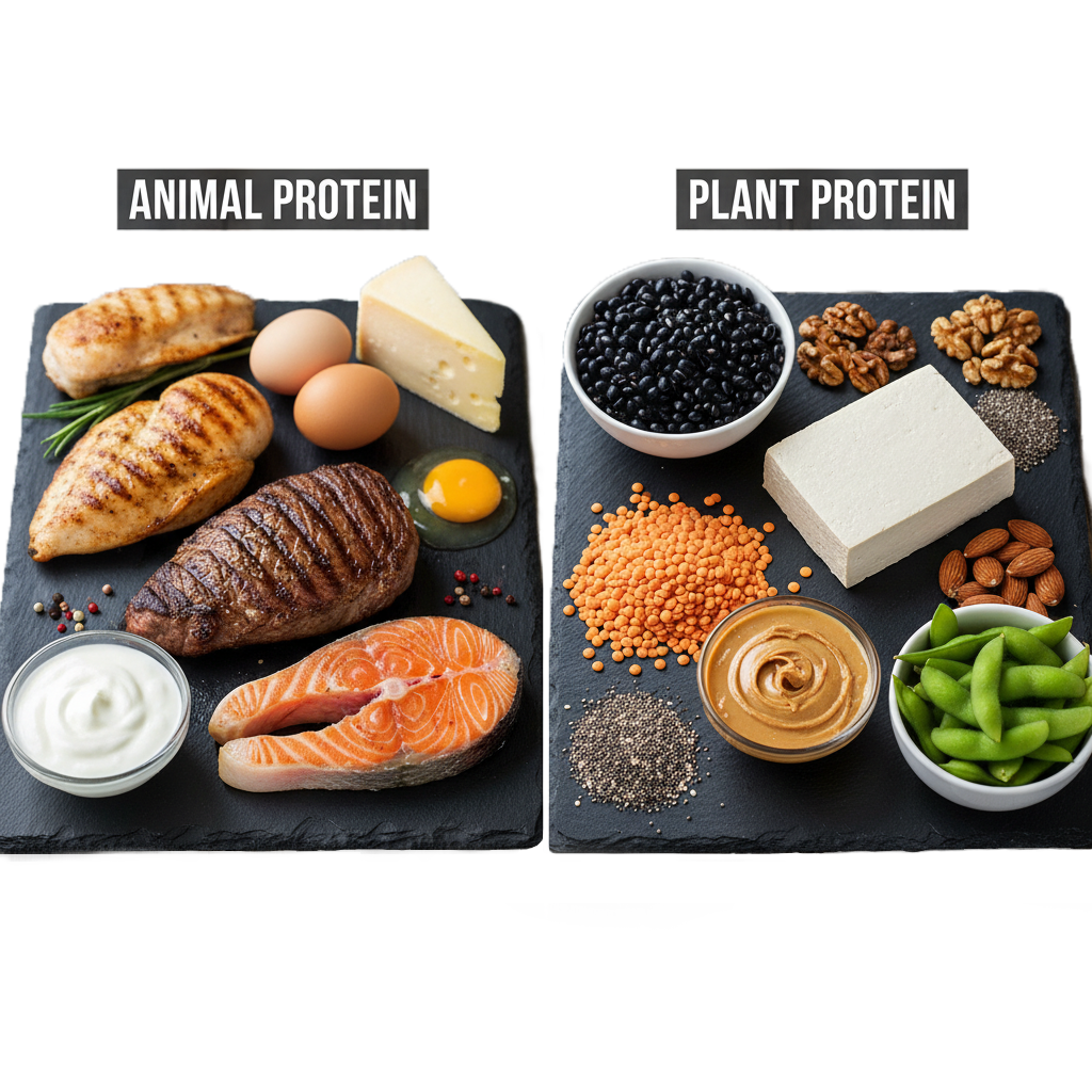 Two platters labeled 'Animal Protein' and 'Plant Protein' with respective food items.