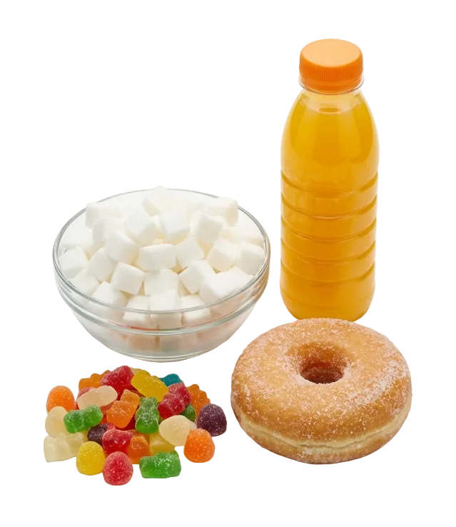 Donut, bottle of orange juice, bowl of marshmallows, and pile of gummy candies on a white background