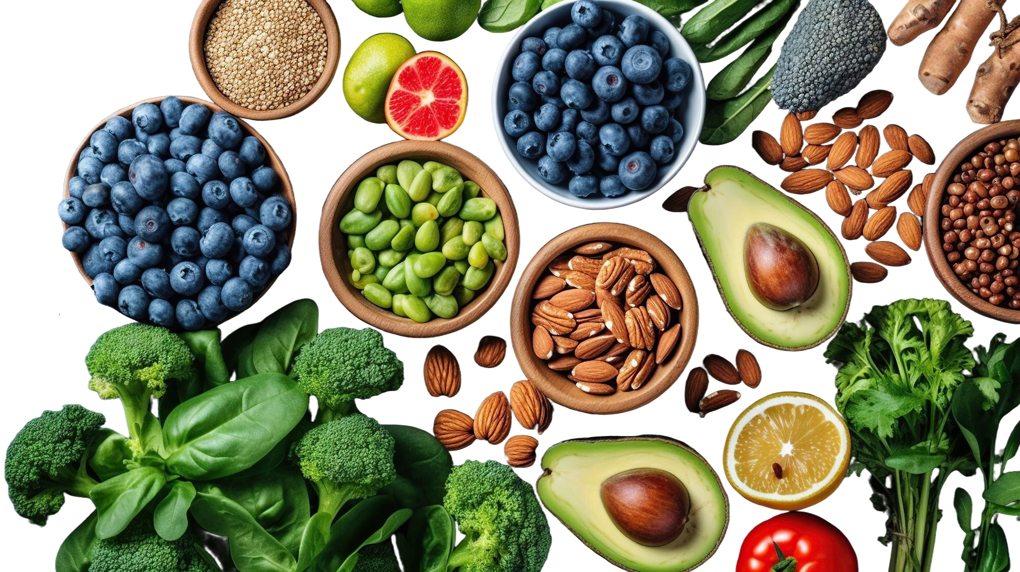 Assorted healthy foods including berries, nuts, seeds, and vegetables on a white background